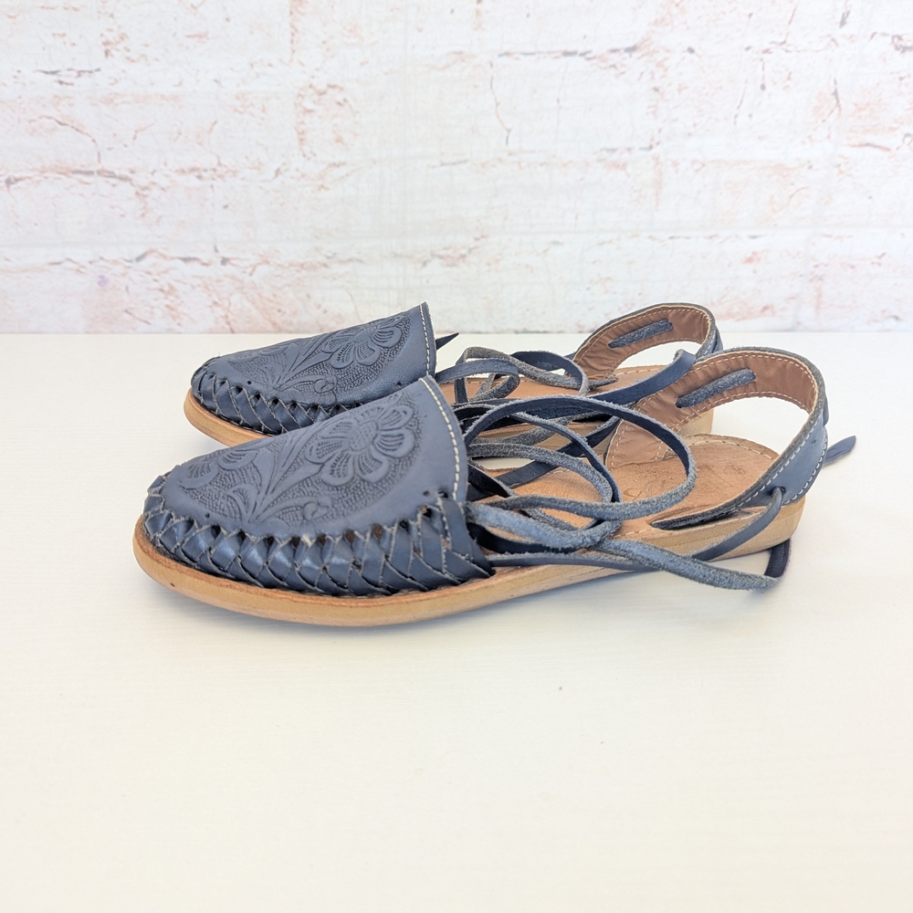 Alex Floral Embossed Navy Leather Sandals - Picture 4 of 9